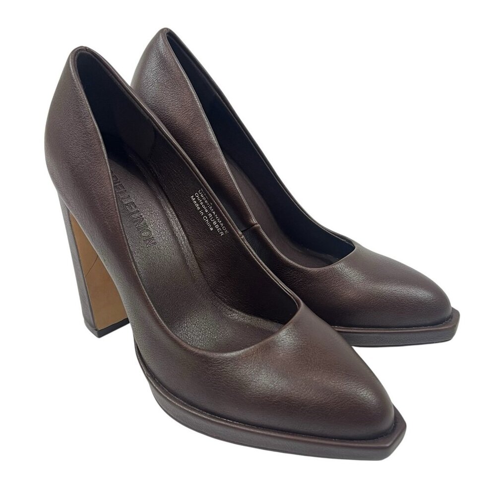 Gabrielle Union Platform Pumps Size 9 Brown Faux Leather Chunky Block Heel - Picture 2 of 10
